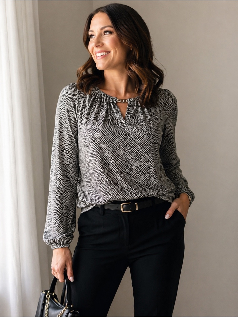 Michael Michael Kors Snake Print Chain Neck Top Gray Black Long Sleeve XS